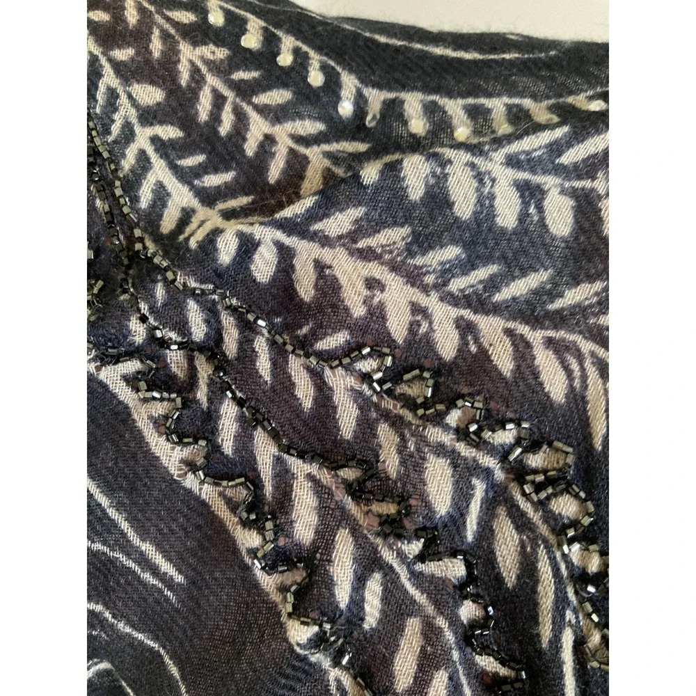 Pashma Petanu Wool Silk Beaded Floral Herringbone Wrap Shawl Navy Blue Cream